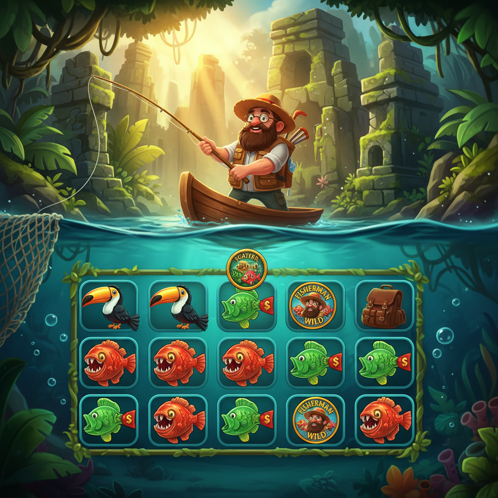 Big Bass Amazon Xtreme slot com pescador na Amazônia, peixes dourados, toucan, piranha e símbolos de pesca em ambiente de floresta tropical subaquática