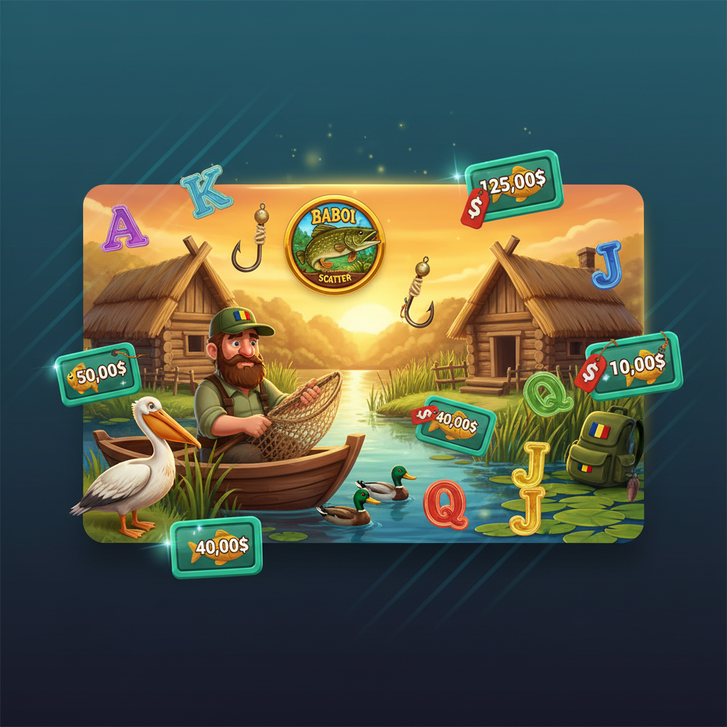 Big Bass Baboiu' din Delta slot game com pescador do Delta do Danúbio, pelicano, símbolos de dinheiro com peixes e cenário de pesca ao pôr do sol