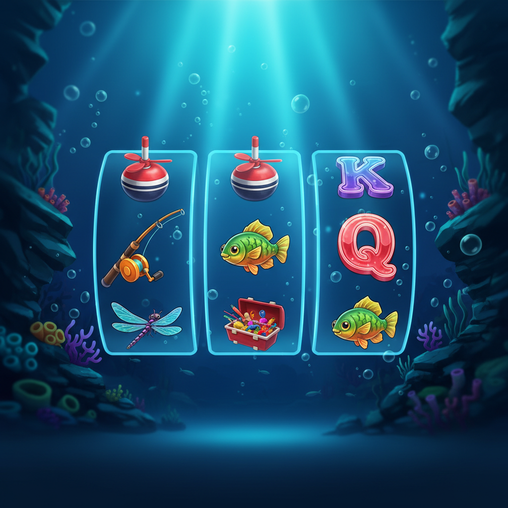 Big Bass Bonanza 3 Reeler slot com 3 rolos subaquáticos, símbolos de pesca incluindo vara, isca vermelha e branca, libélula e peixes coloridos em cenário oceânico azul profundo