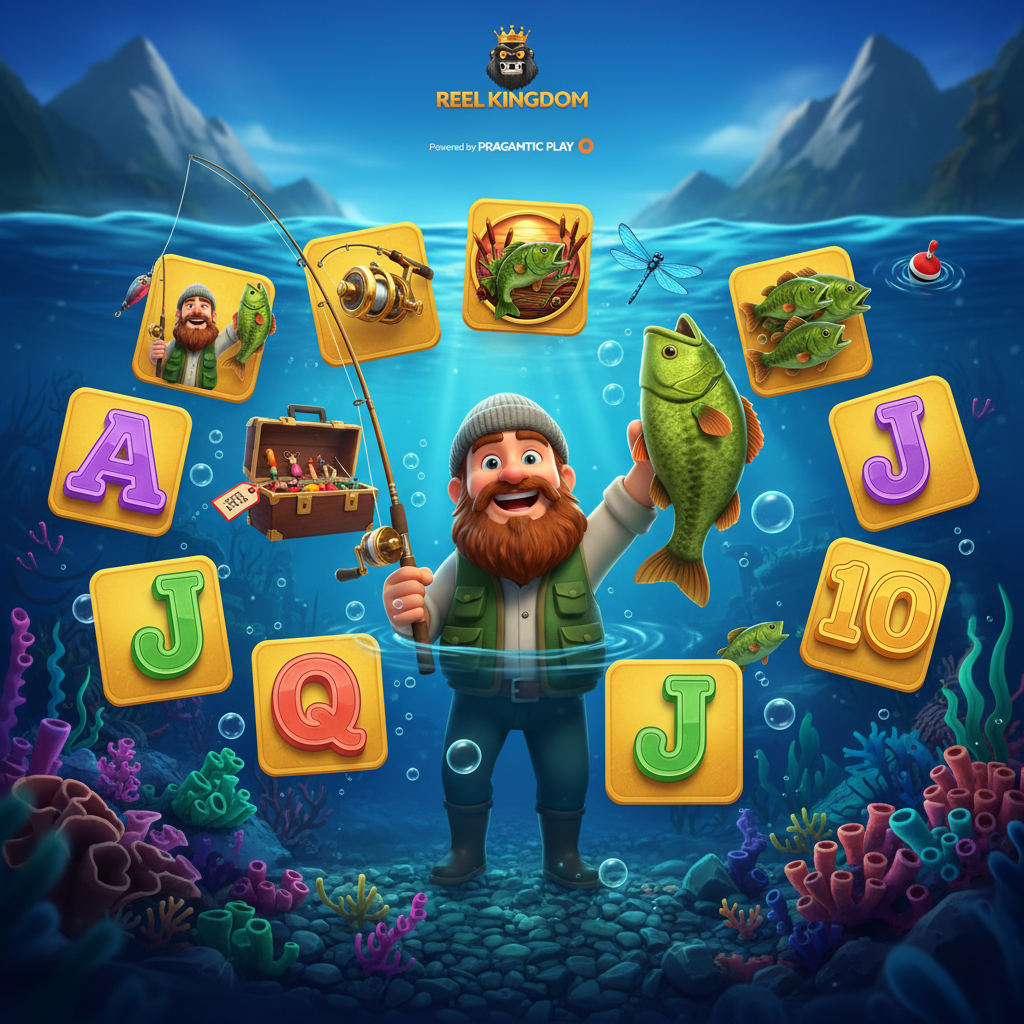 Big Bass Bonanza Keeping it Reel slot com pescador barbudo segurando vara de pesca em cenário subaquático com símbolos de peixe dourado, carretel de pesca e caixa de equipamentos sobre fundo azul profundo