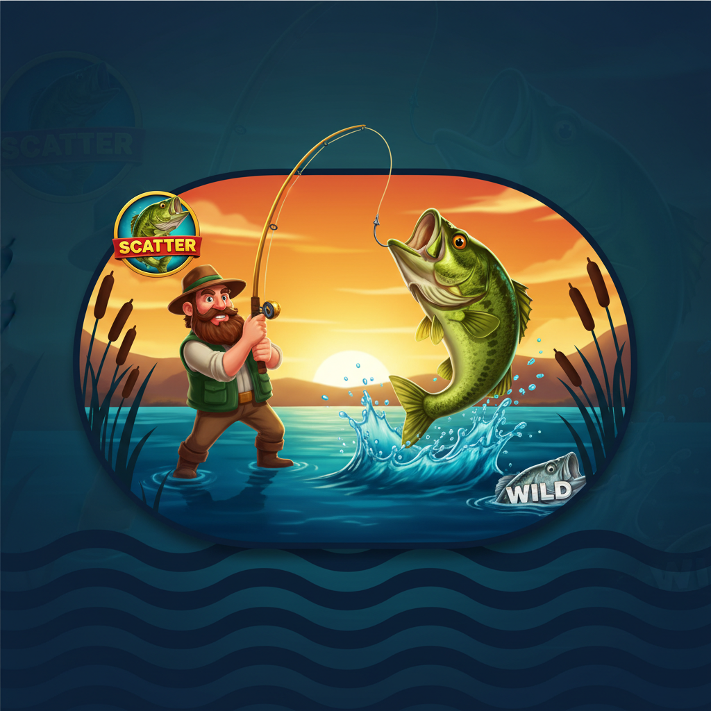 Big Bass Bonanza Megaways mostrando pescador segurando vara dourada com robalo verde saltando da água ao pôr do sol, símbolos scatter e wild visíveis