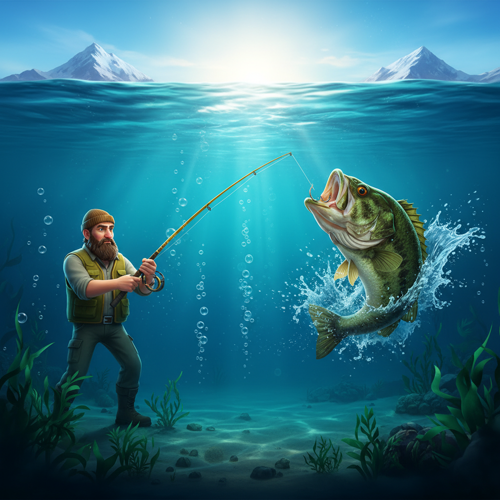 Big Bass Bonanza slot com pescador segurando vara dourada e peixe bass saltando da água em cenário subaquático com montanhas ao fundo