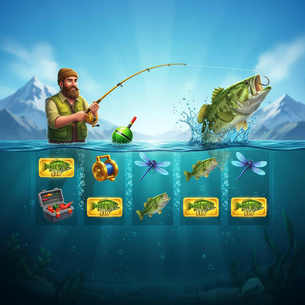 Big Bass Bonanza slot com pescador, bass verde saltando da água, bobber flutuante, vara de pesca dourada e símbolos de dinheiro subaquáticos em cenário azul turquesa