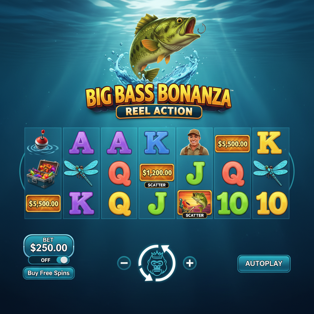 Big Bass Bonanza Reel Action slot com tema de pesca subaquática, mostrando bass largemouth, símbolos de pescador wild, scatter de peixe dourado e grade de 5x4 rolos