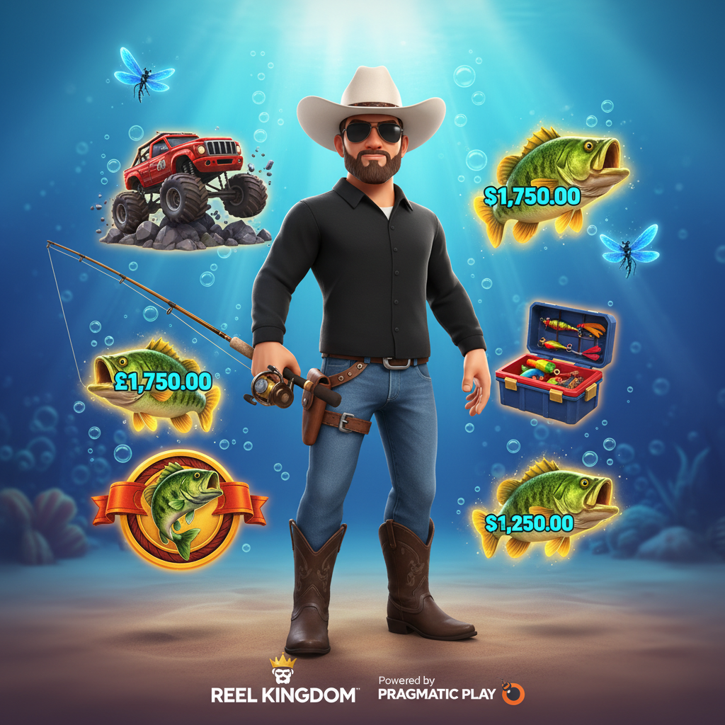 Big Bass Boom slot com pescador de chapéu branco segurando vara de pesca, peixes coloridos com valores em dinheiro, caminhão monster truck vermelho e símbolo scatter com bass saltando da água em cenário subaquático azul