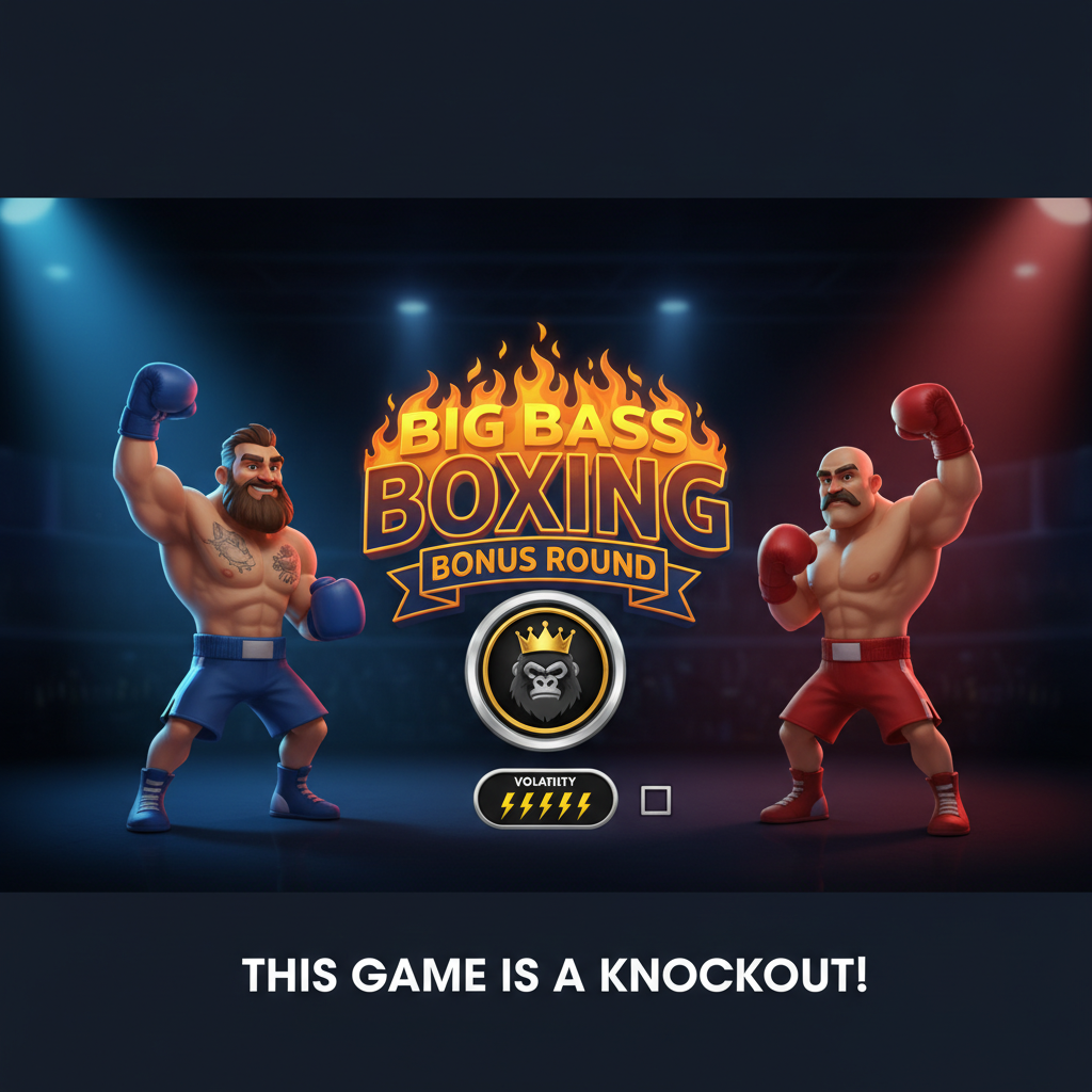 Big Bass Boxing Bonus Round slot com dois boxeadores musculosos em ringue iluminado, símbolos de luvas de boxe prateadas e peixes coloridos com valores em dinheiro