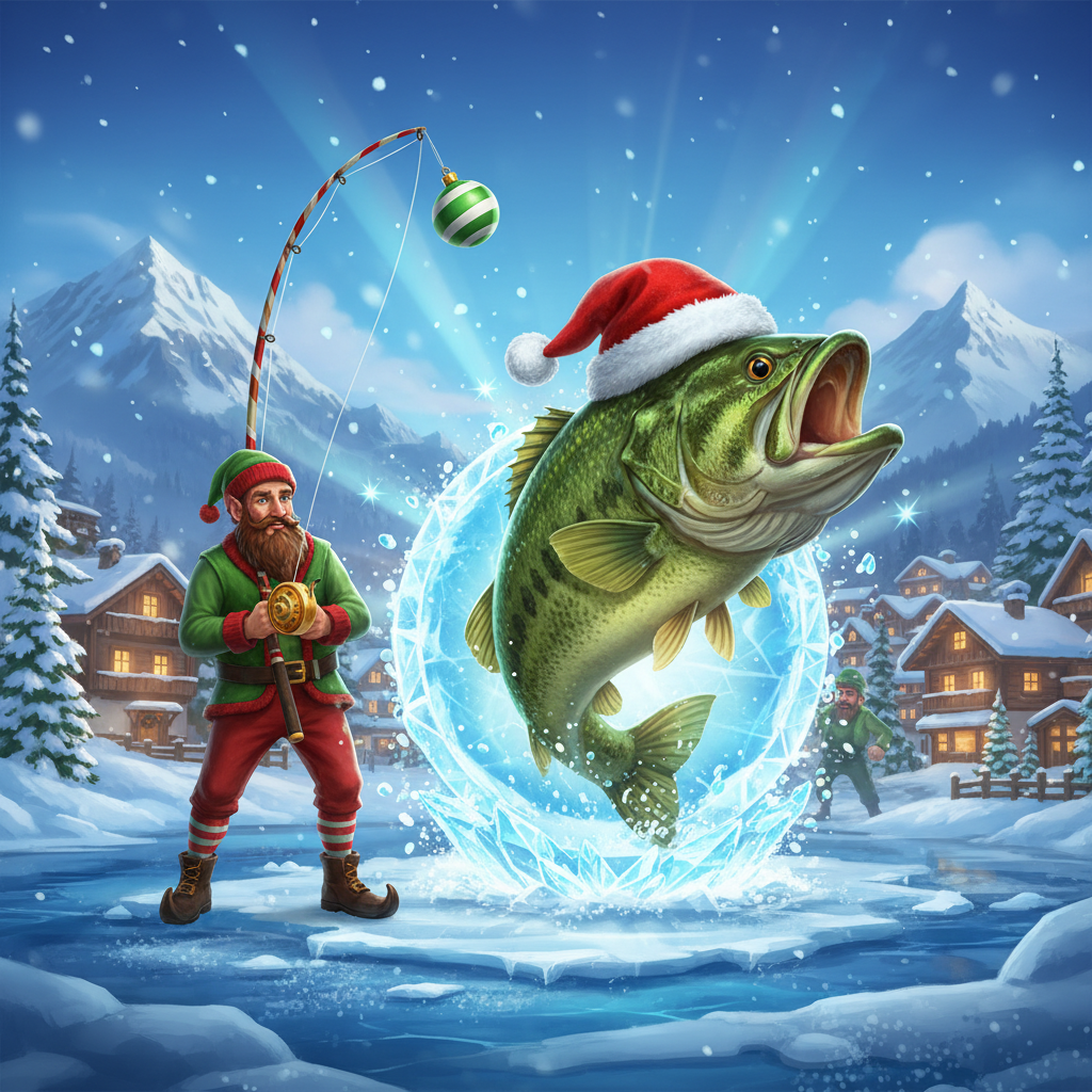 Big Bass Christmas Bash slot com peixe bass usando chapéu de Papai Noel, pescador com roupa de elfo, vila nevada no fundo e tema de pesca no gelo