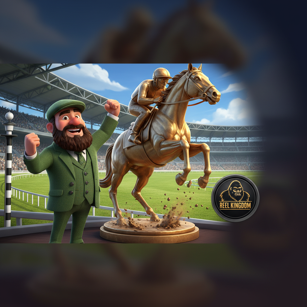 Big Bass Day at the Races slot com cavalos de corrida, troféu dourado e apostador barbudo em hipódromo com arquibancada