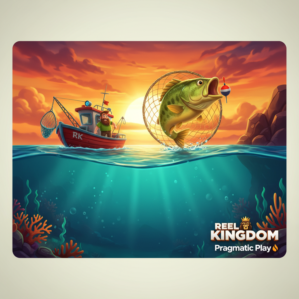 Big Bass Floats My Boat slot com barco de pesca vermelho, pescador barbudo, peixe bass saltando, cenário subaquático com pôr do sol laranja e água turquesa, símbolos de vara de pesca e libélula