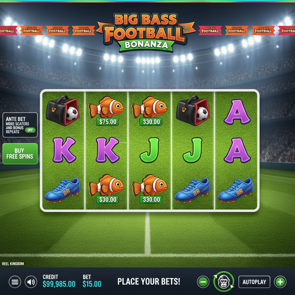 Big Bass Football Bonanza slot com estádio de futebol iluminado, símbolos de bola, chuteiras azuis, troféu de peixe laranja e letras coloridas nos rolos sobre gramado verde