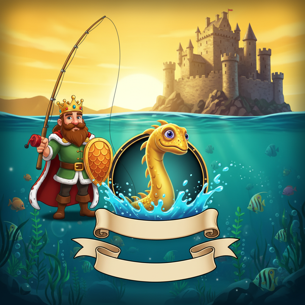 Big Bass and the Gold Ness Monster - pescador rei em cenário subaquático do Loch Ness com castelo medieval, monstro dourado e símbolos de pesca