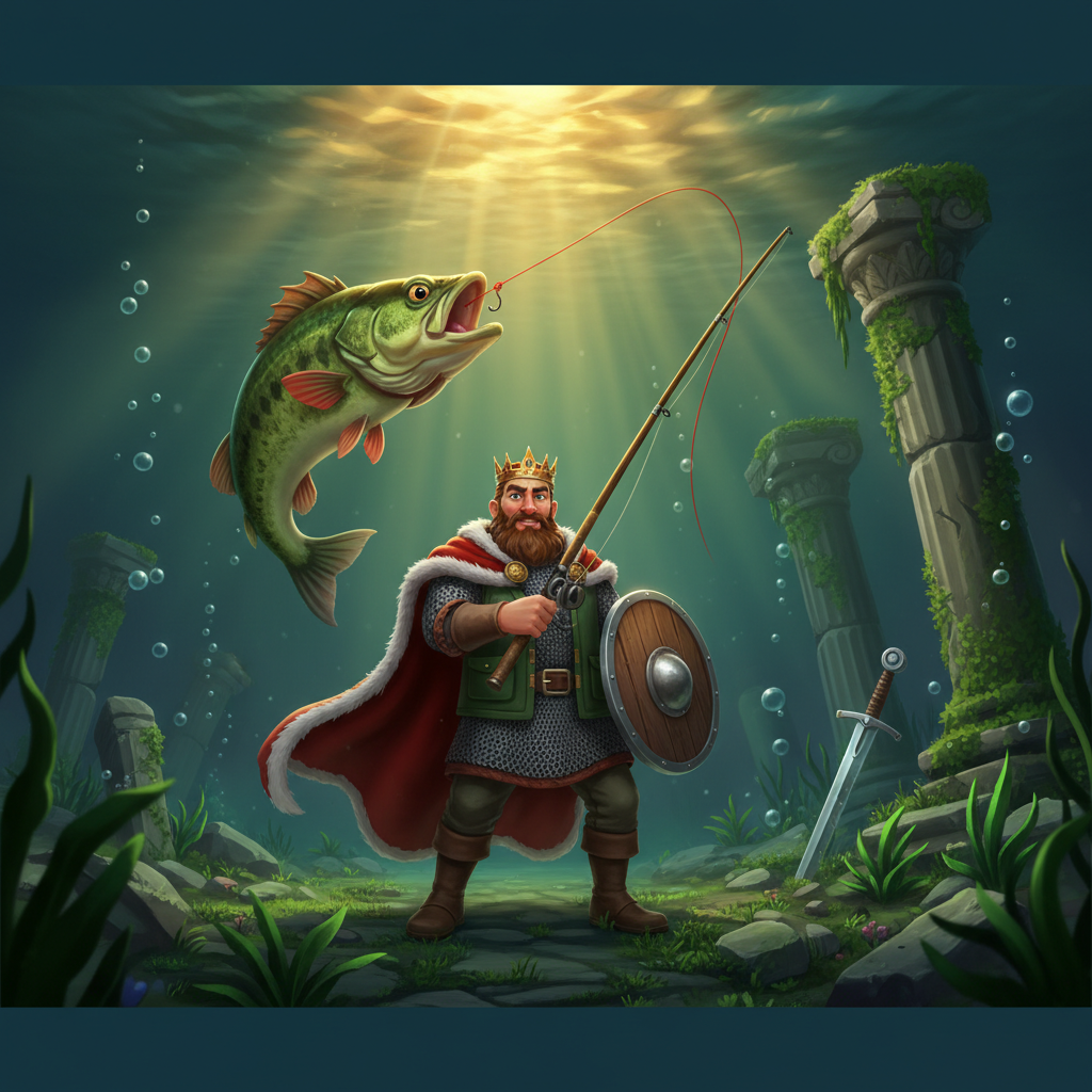 Big Bass Secrets of the Golden Lake - Rei pescador medieval com coroa dourada, grande peixe bass verde, cenário subaquático com ruínas antigas e lago dourado