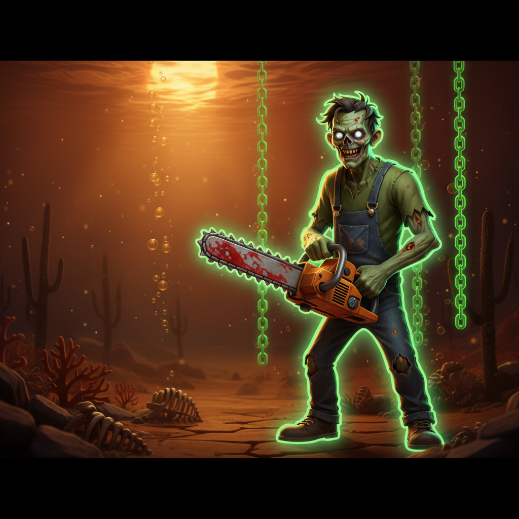 Big Bass Halloween II slot com pescador zumbi segurando motosserra sangrenta em cenário subaquático assustador de Halloween
