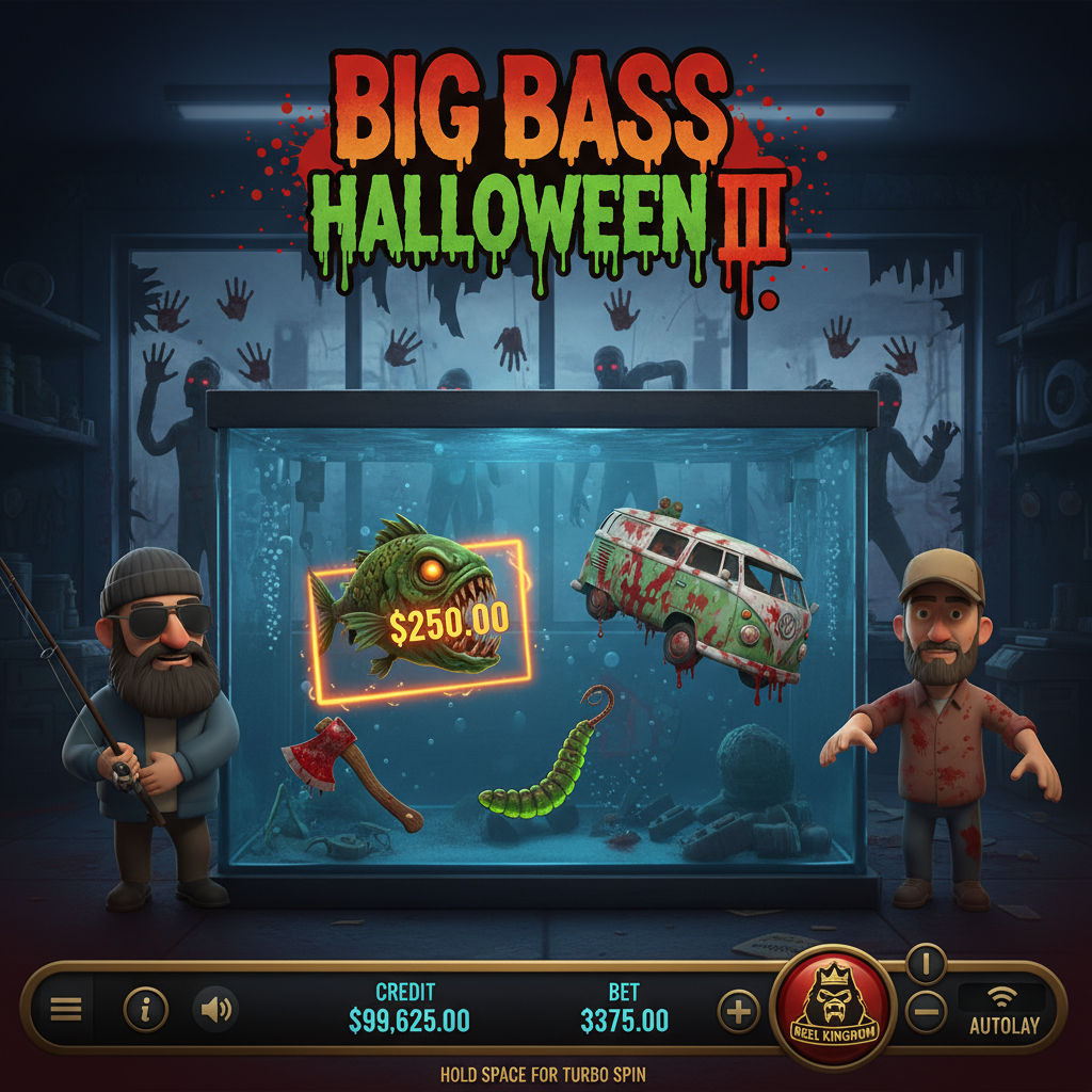 Big Bass Halloween 3 slot com pescadores em apocalipse zumbi, peixes zumbi símbolos de dinheiro, machado sangrento e tema de terror Halloween
