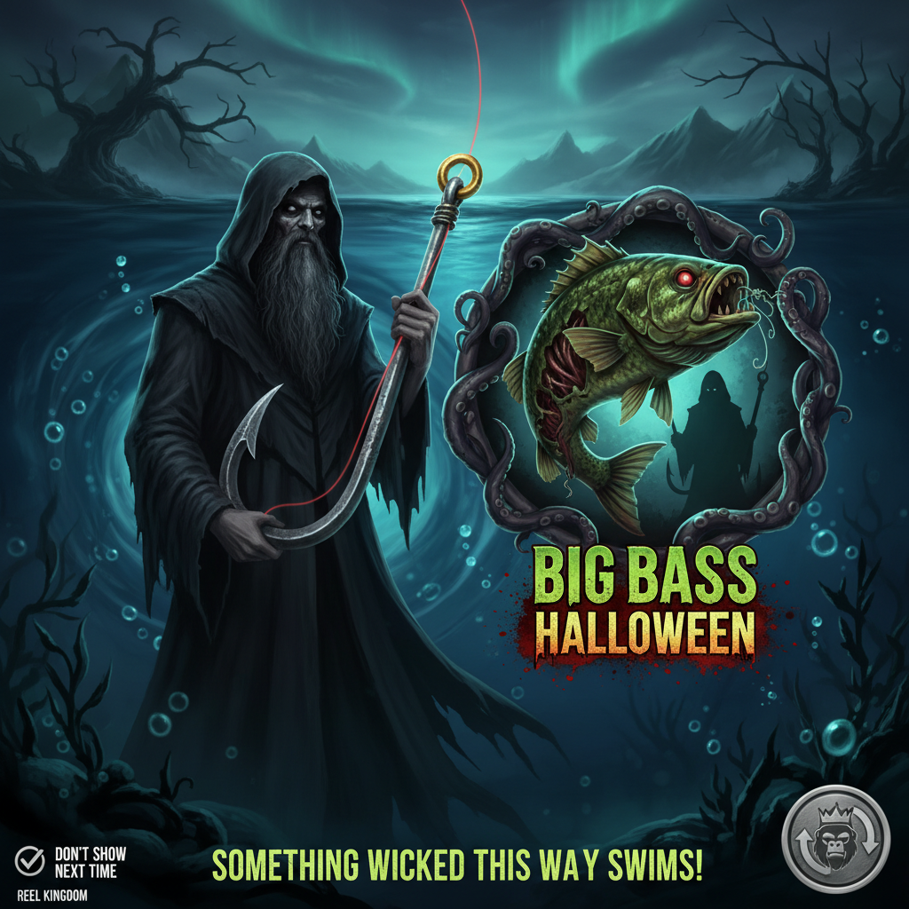 Big Bass Halloween slot com pescador sombrio vestido como ceifador segurando anzol, baixo zumbi verde com músculos expostos, fundo subaquático escuro do Halloween com árvores mortas e atmosfera assustadora