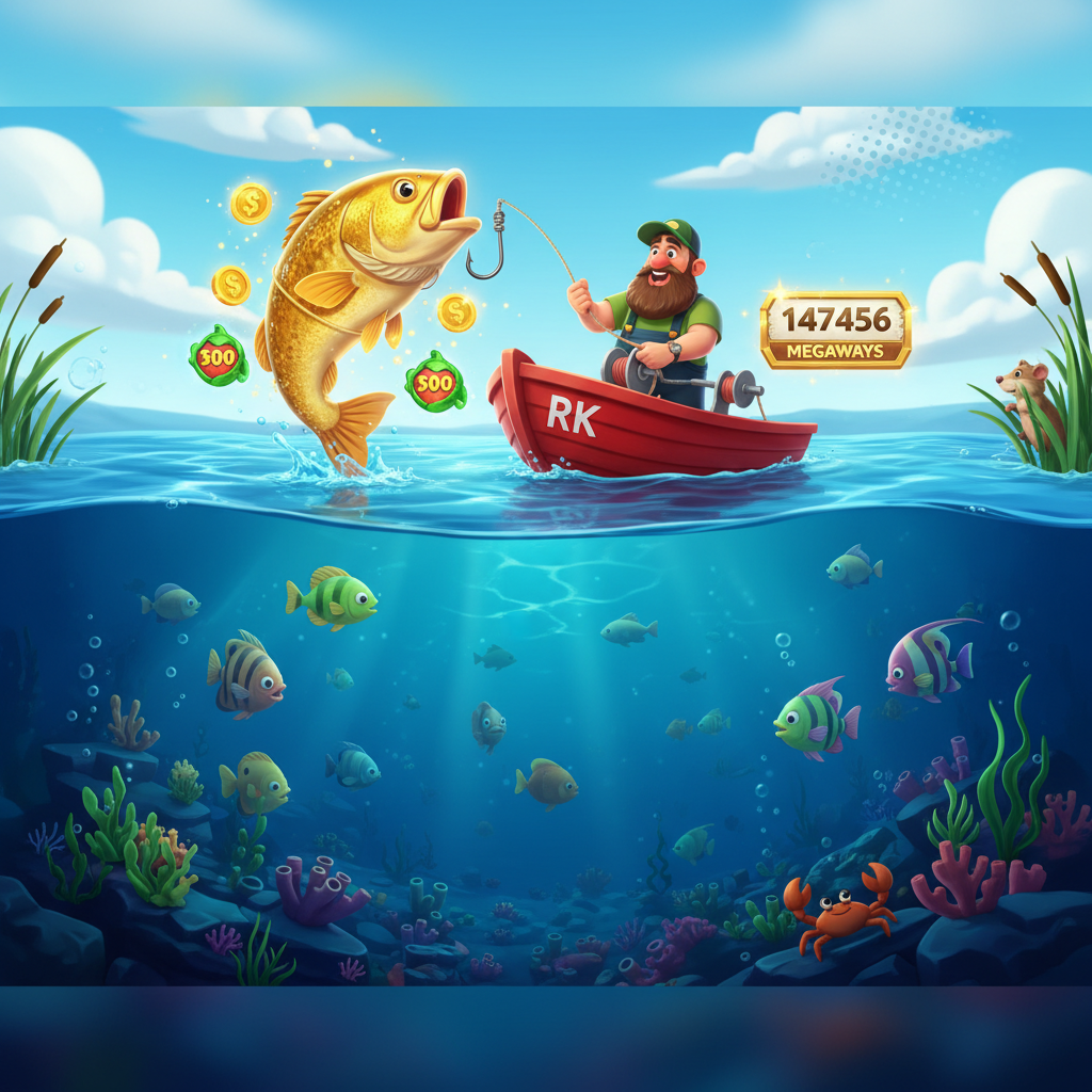 Big Bass Hold & Spinner Megaways slot com pescador barbudo, barco vermelho RK, peixes dourados e cenário subaquático com até 147.456 formas de ganhar