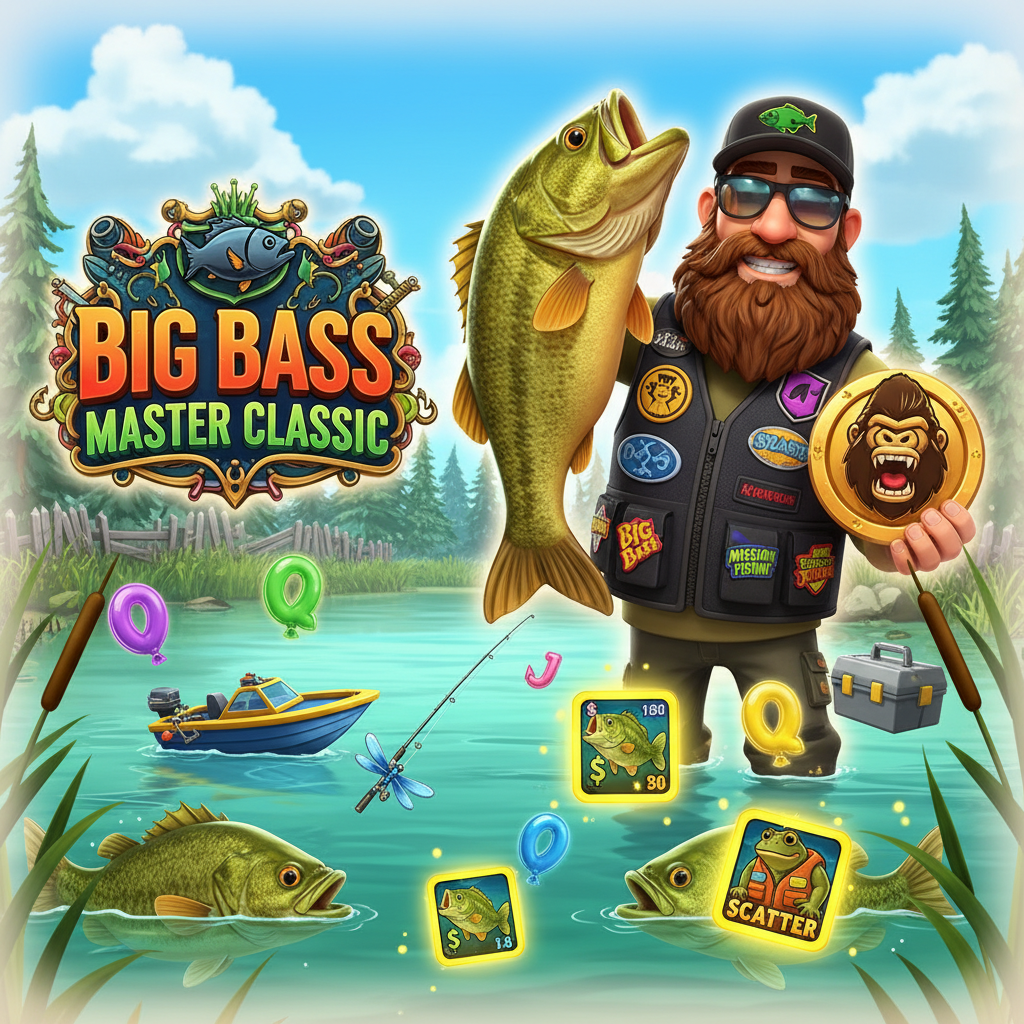 Big Bass Master Classic Jackpot Bonanza slot com pescador segurando peixe bass laranja, cenário de lago com juncos, fundo aquático turquesa com símbolos de pesca e multiplicadores