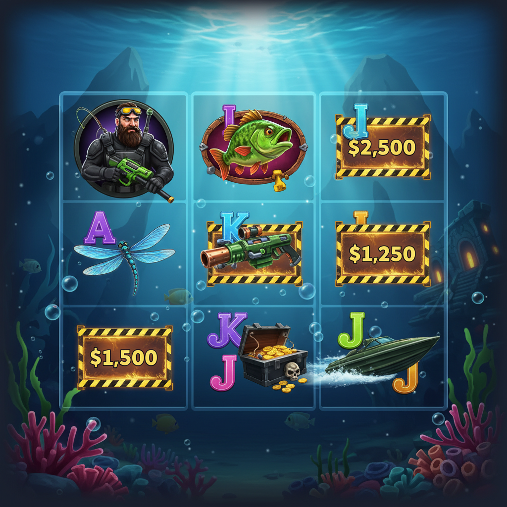 Big Bass Mission Fishin' - slot de pesca submarina tática com pescador equipado, peixes dourados com valores em dinheiro e equipamento militar, grid 5x3 com tema oceano profundo