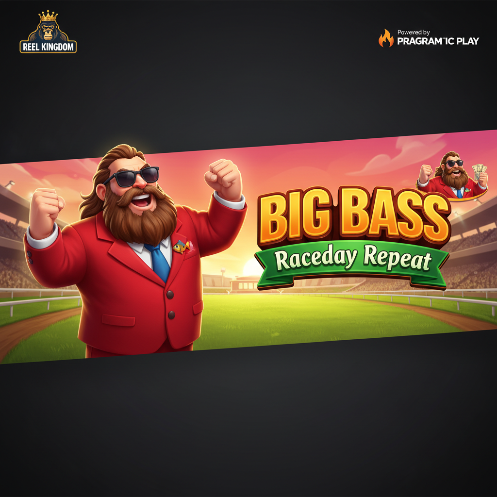 Big Bass Raceday Repeat slot com personagem barbudo de terno vermelho e cena de corrida de cavalos ao pôr do sol no hipódromo