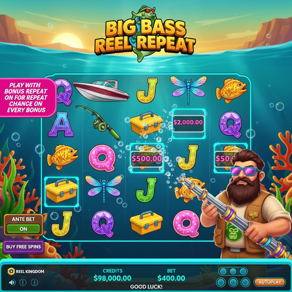 Big Bass Reel Repeat slot mostrando tema de pesca submarina com pescador usando óculos roxos, símbolos de dinheiro com bass laranja, lancha, libélula e caixa de pesca em grade 5x3 com fundo de água turquesa