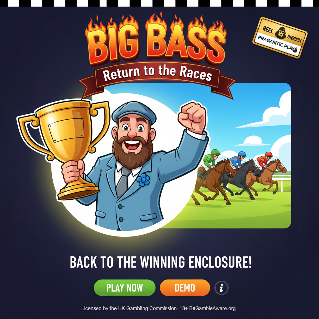 Big Bass Return to the Races slot com homem de barba segurando troféu dourado, corrida de cavalos ao fundo, jóqueis, tema de apostas em hipódromo britânico