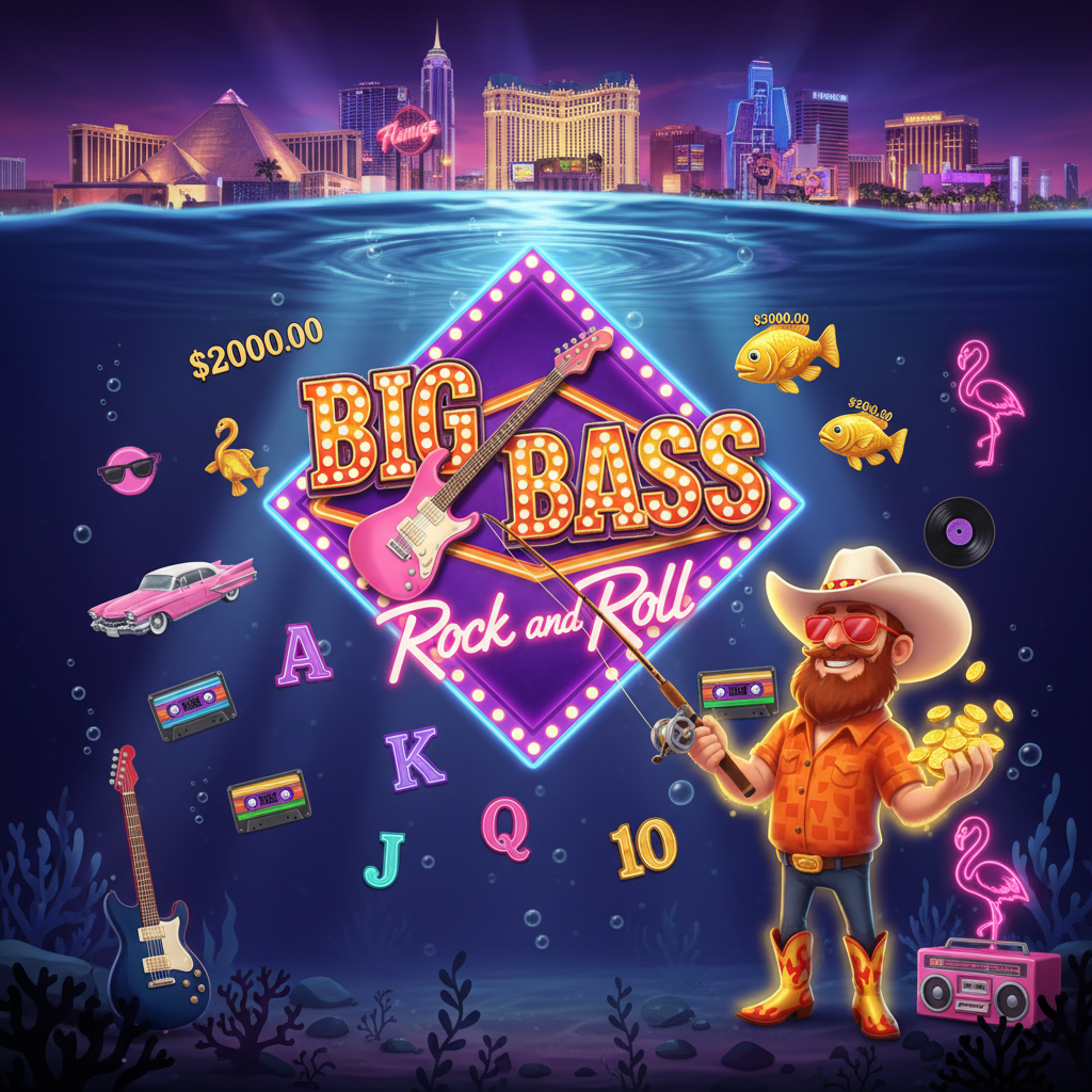 Big Bass Rock and Roll slot da Pragmatic Play mostrando concerto subaquático em Las Vegas com pescador roqueiro, cadillac rosa, flamingo neon e vinhos sob água com luzes de cassino