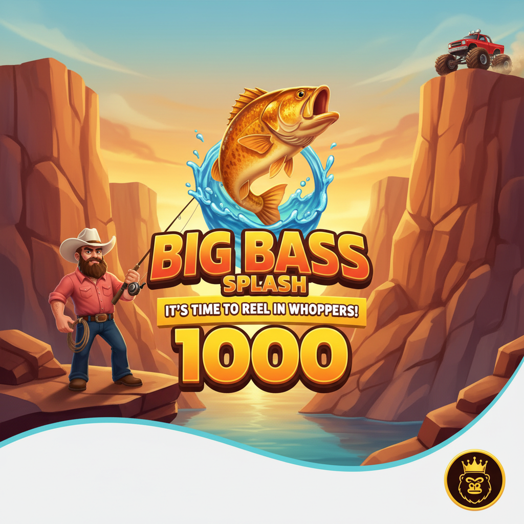 Big Bass Splash 1000 slot mostrando pescador com chapéu de cowboy, canyon rochoso ao pôr do sol, monster truck vermelho e logo do jogo com peixe dourado saltando