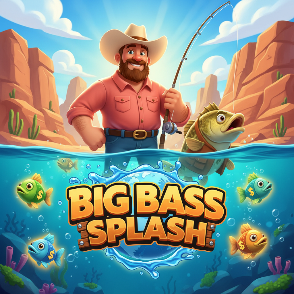 Big Bass Splash slot com pescador de chapéu segurando vara, lago turquesa subaquático, símbolos de peixes coloridos com cifrões e prêmios em dinheiro