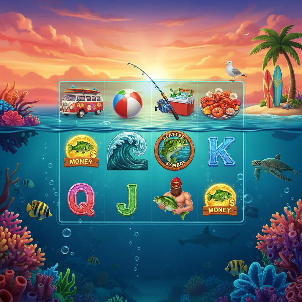Big Bass Surf's Up slot com baixo surfista, temática oceânica subaquática, céu pôr do sol, van de praia vintage, símbolos de pesca e vida marinha