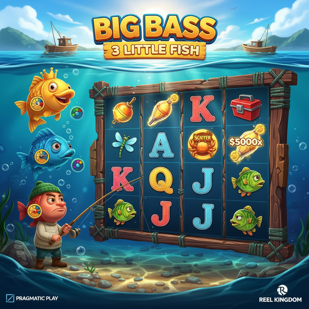 Big Bass 3 Little Fish Jackpot Bonanza caça-níqueis com pescador segurando vara, três peixes coloridos coletores, rolos subaquáticos com símbolos de pesca e valores monetários de até 5000x
