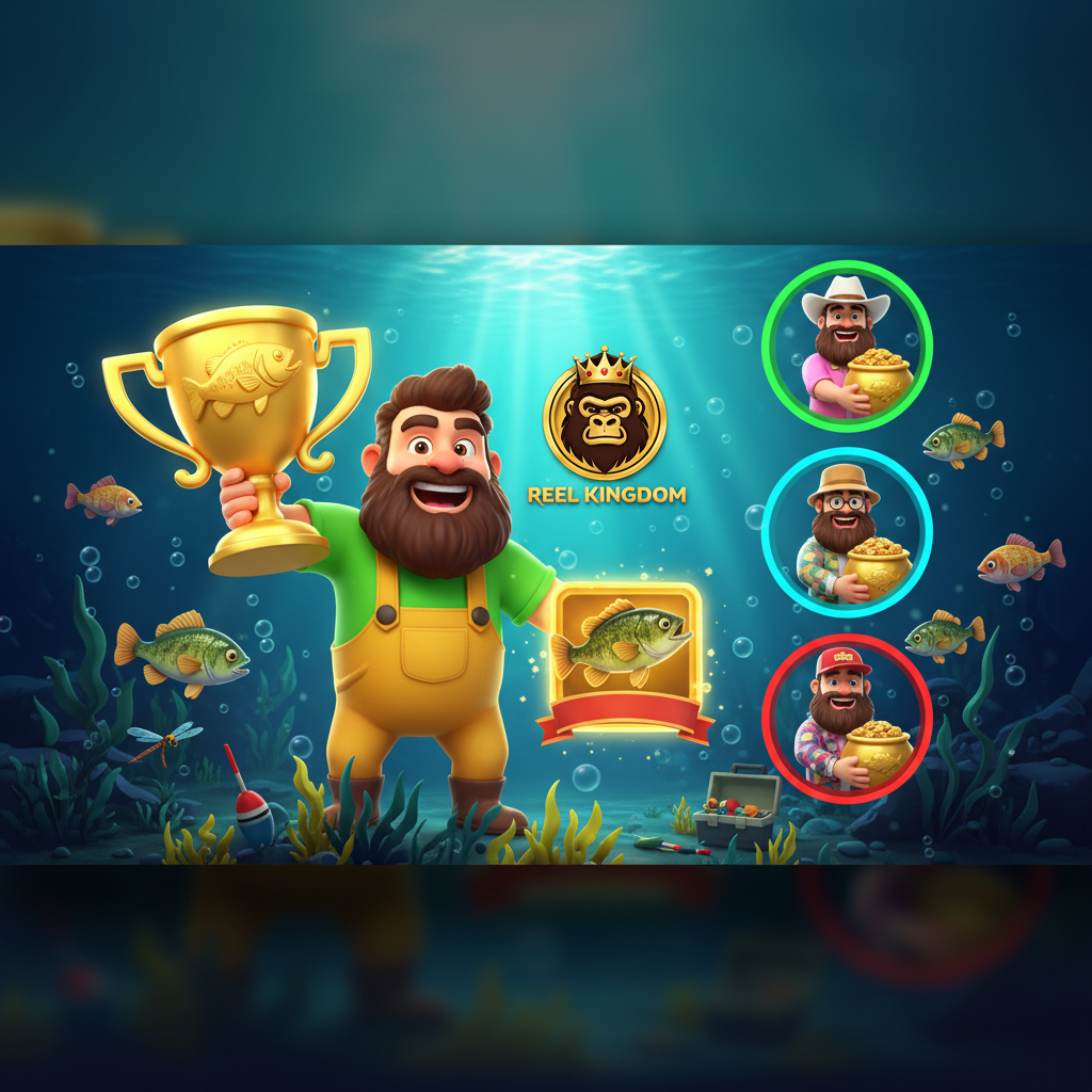 Big Bass Trophy Catch slot com tema de pesca submarina, peixes bass coloridos, pescadores com troféus dourados e símbolos de dinheiro em ambiente aquático turquesa