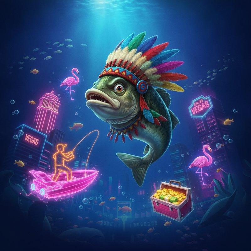 Big Bass Vegas Double Down Deluxe slot da Pragmatic Play: peixe bass com cocar de penas coloridas, cenário subaquático de Las Vegas com prédios de cassino iluminados em neon rosa e dourado, pescador em estilo neon laranja, símbolos de lancha rosa, flamingo e maleta de dinheiro