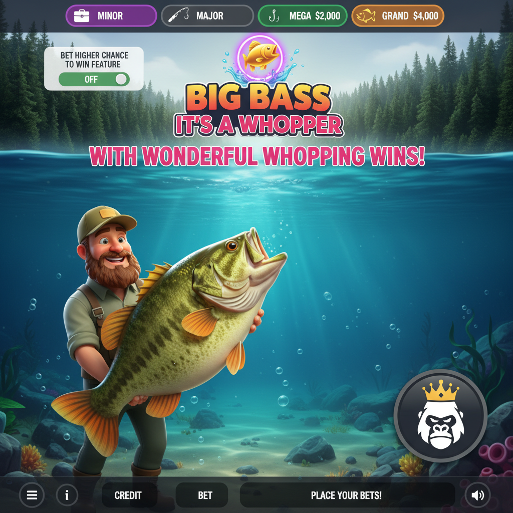 Big Bass It's a Whopper Jackpot Bonanza caça-níquel com pescador segurando peixe bass, símbolo scatter de peixe dourado saltando, jackpots progressivos MINOR MAJOR MEGA GRAND, cenário subaquático com plantas aquáticas e floresta