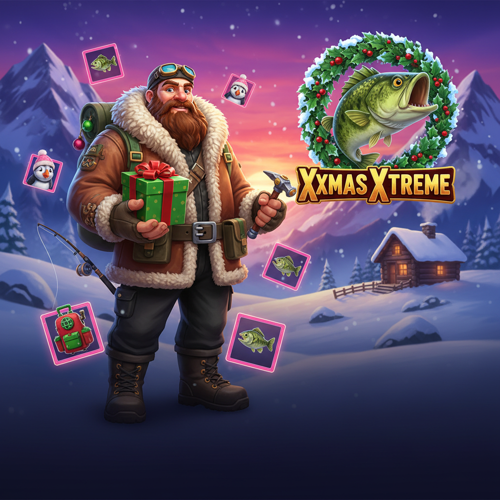 Big Bass Xmas Xtreme slot com tema de pesca de Natal, pescador barbudo com equipamento de inverno, peixes bass decorados com enfeites natalinos, rodadas grátis e multiplicadores