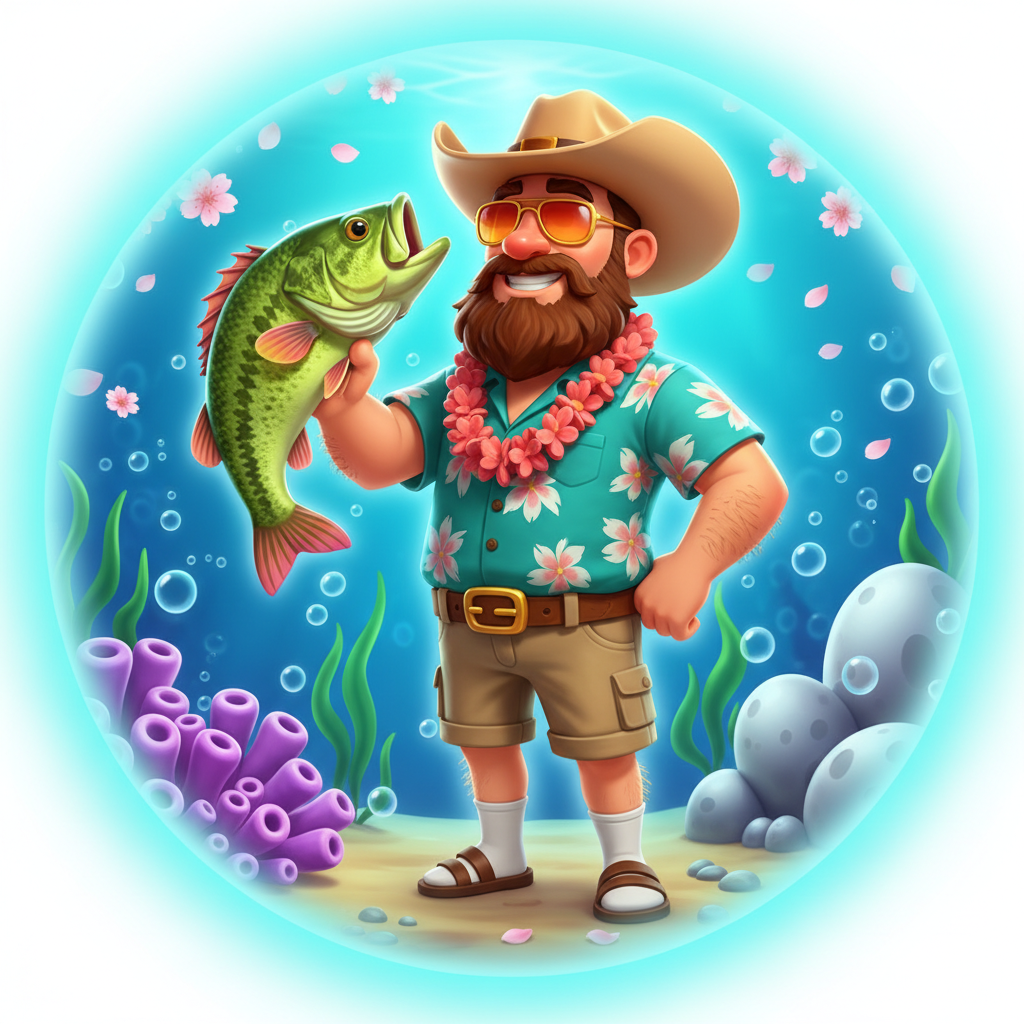 Bigger Bass Splash slot com pescador cartoon segurando peixe bass verde, tema tropical subaquático com corais roxos e cenário turquesa