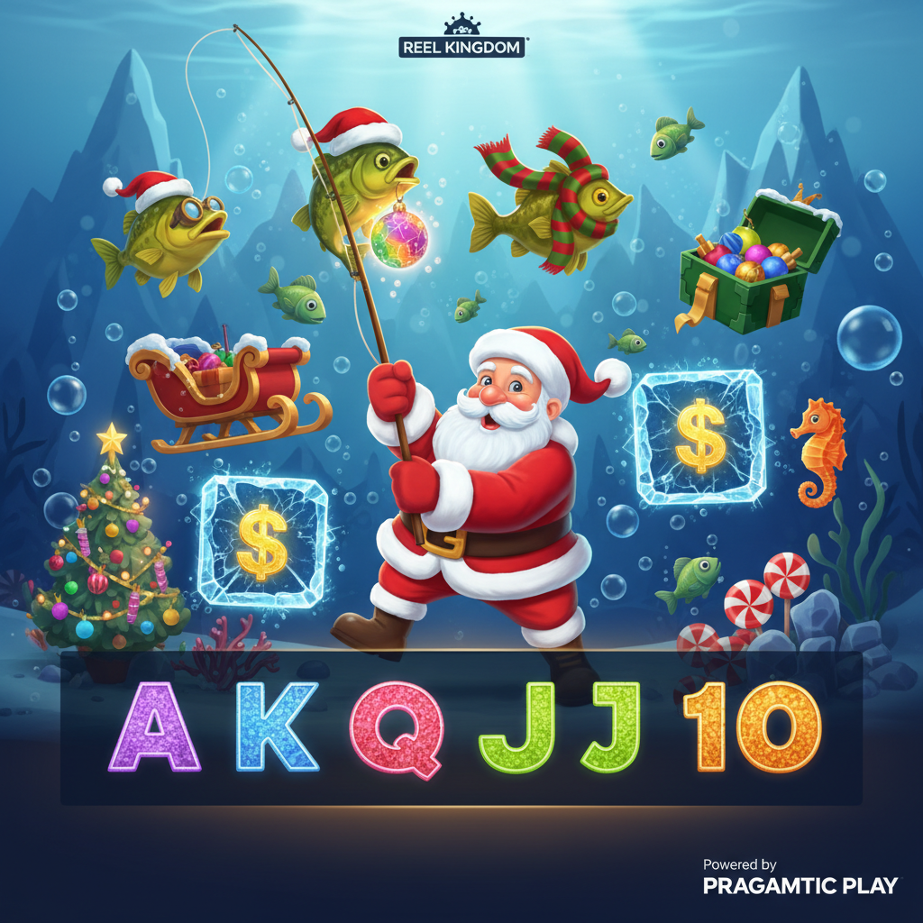 Christmas Big Bass Bonanza: peixes natalinos com chapéu de Papai Noel, trenó vermelho e caixa de presentes em cenário subaquático gelado com símbolos de dinheiro